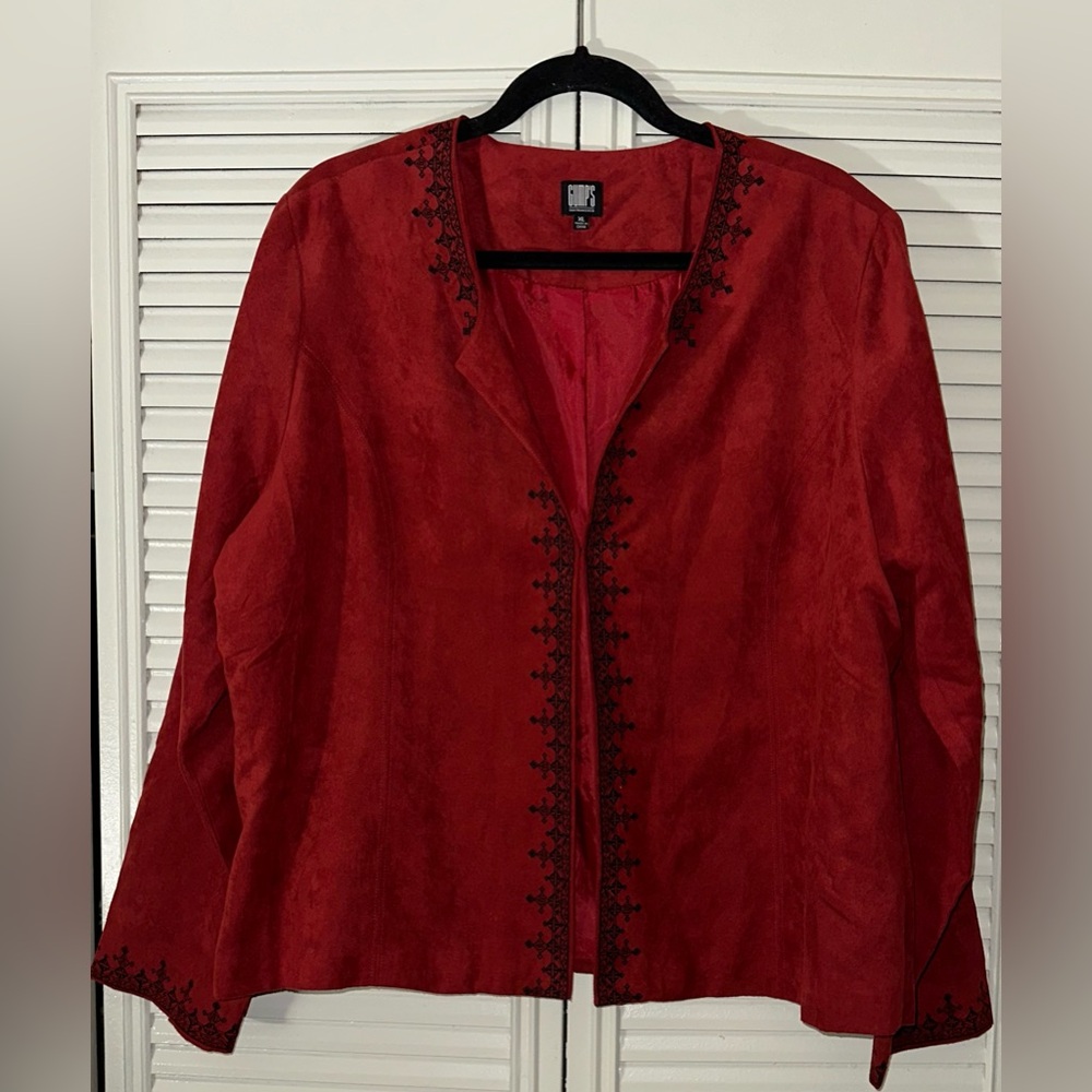 Gump's San Francisco Women's Red Faux‎ Suede Embroidered Blazer Jacket Size XL